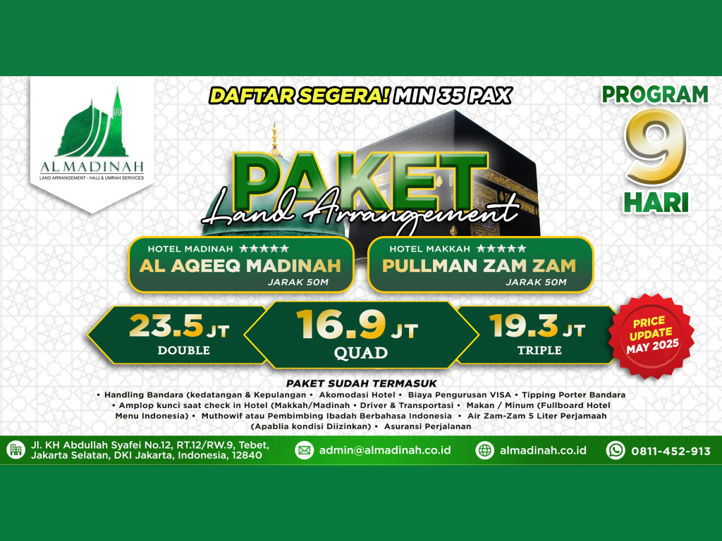 Paket LA Program 9D - AL AQEEQ MADINAH [3N] & PULLMAN ZAM-ZAM [4N]