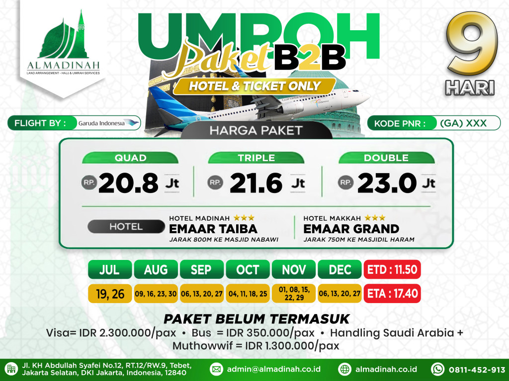 PAKET B2B Hotel & Ticket Only Program 9D Emaar Taiba [3N] & Emaar Grand [4N] JED - JED by Garuda (35 Pax)