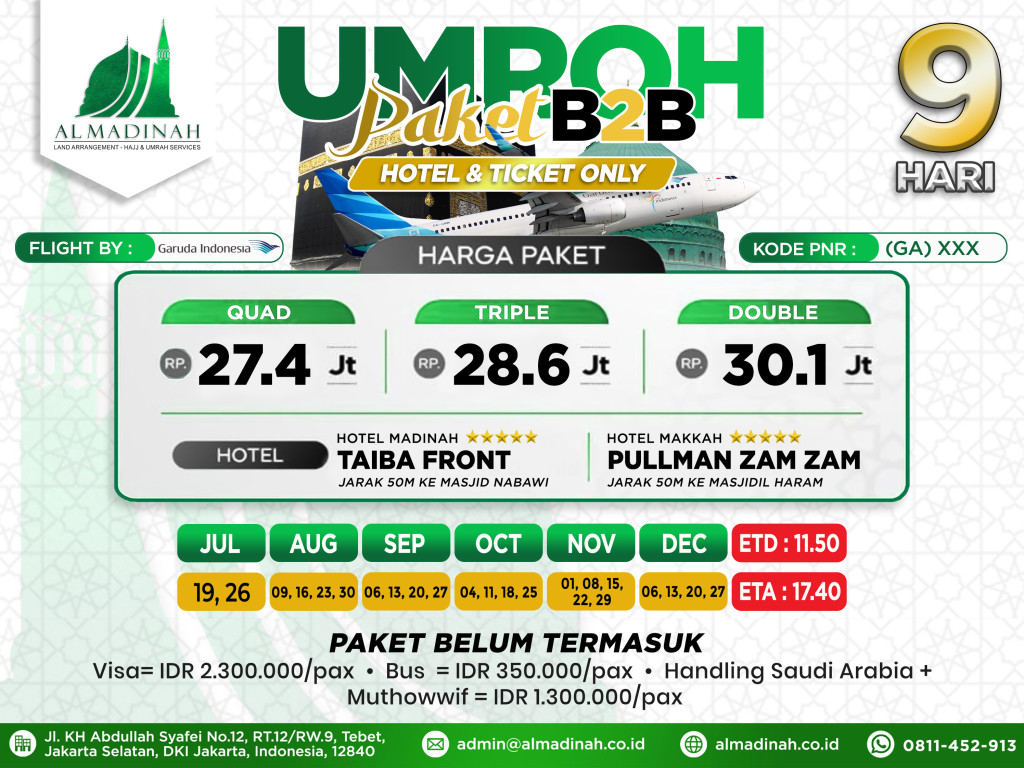 PAKET B2B Hotel & Ticket Only Program 9D Taiba Front [3N] & Pullman Zamzam [4N] JED - JED by Garuda (35 Pax)