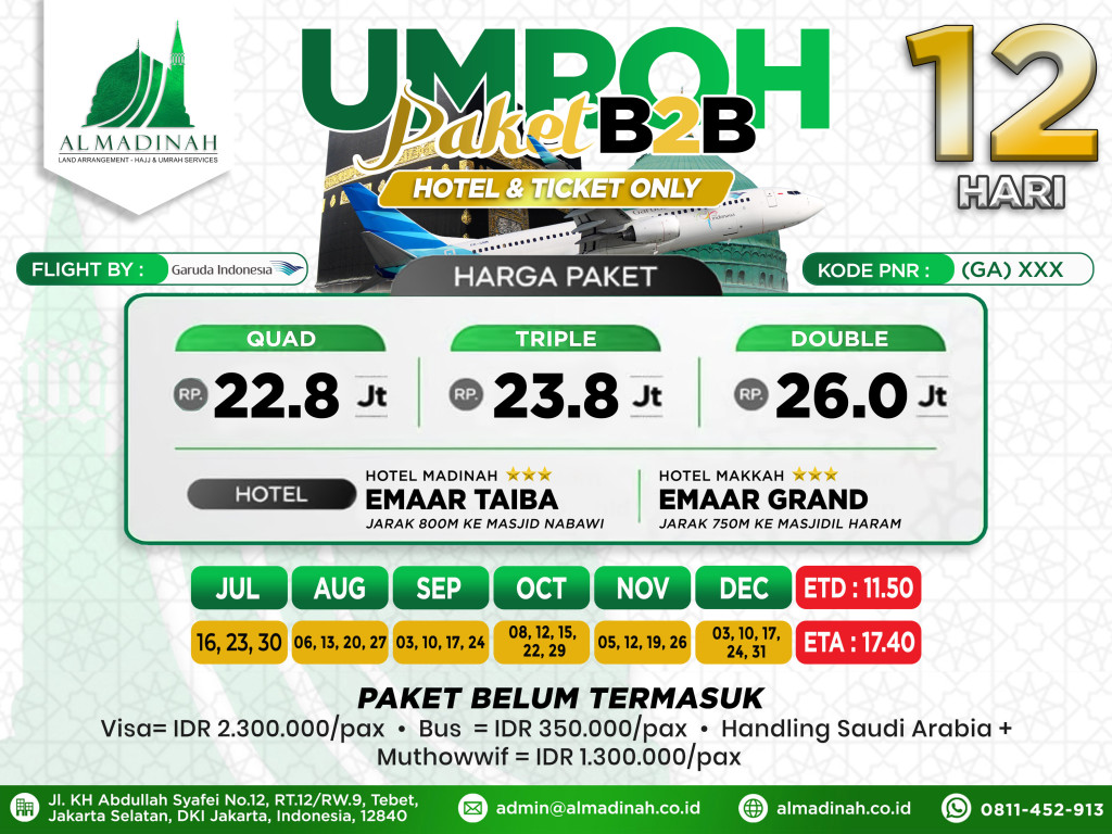 PAKET B2B Hotel & Ticket Only Program 12D Emaar Taiba [5N] & Emaar Grand [5N] JED - JED by Garuda (35 Pax)