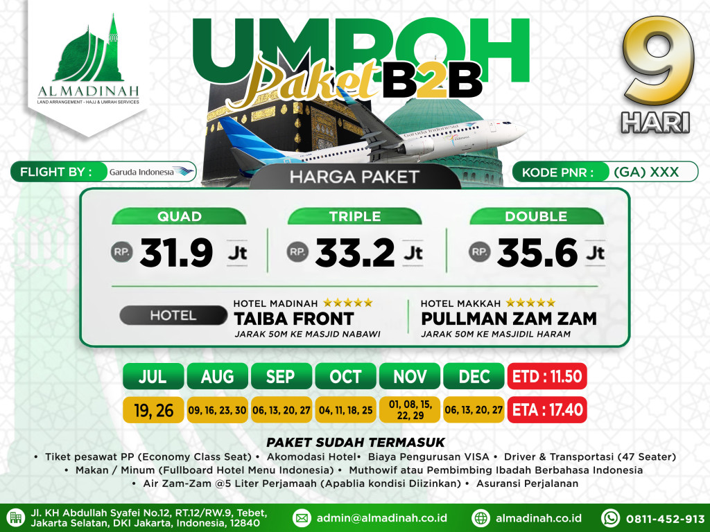PAKET B2B Program 9D Taiba Front [3N] & Pullman Zam Zam [4N] JED - JED by Garuda (35 Pax)