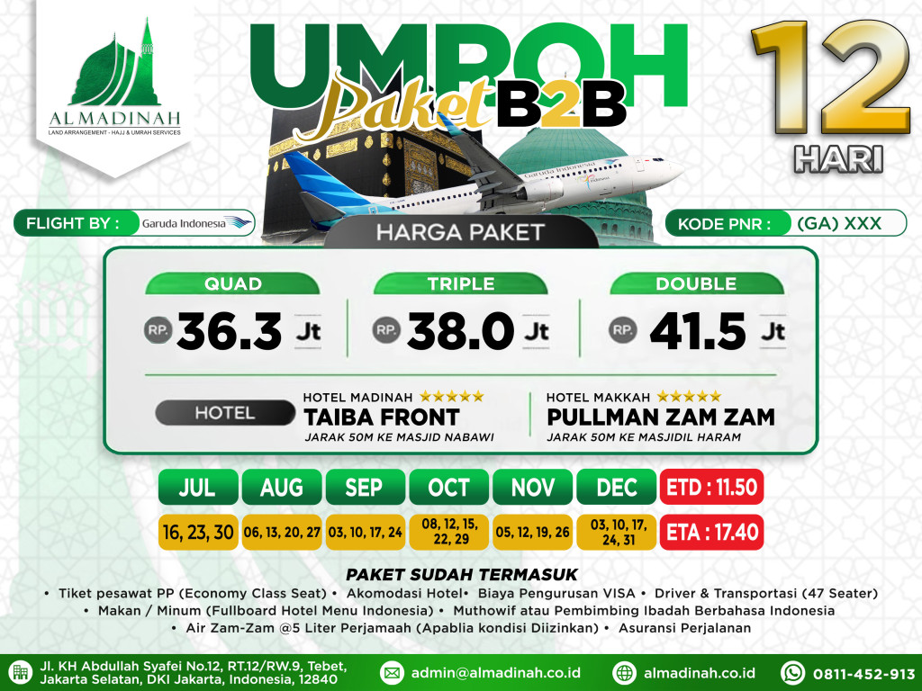 PAKET B2B Program 12D Taiba Front [5N] & Pullman Zamzam [5N] JED - JED by Garuda (35 Pax)