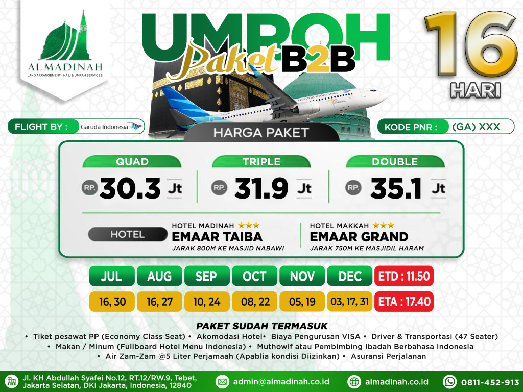 PAKET B2B Program 16D Emaar Taiba [7N] & Emaar Grand [7N] JED - JED by Garuda (35 Pax)