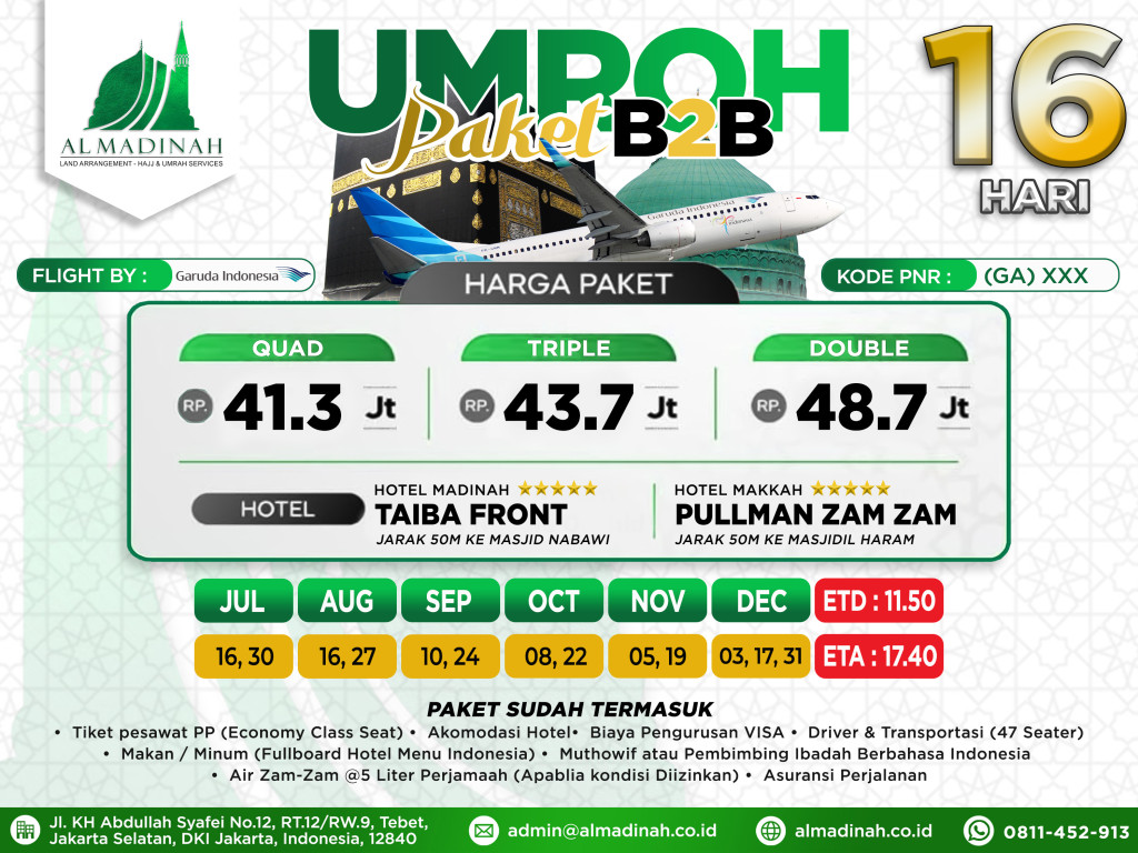 PAKET B2B Program 16D Taiba Front [7N] & Pullman Zamzam [7N] JED - JED by Garuda (35 Pax)